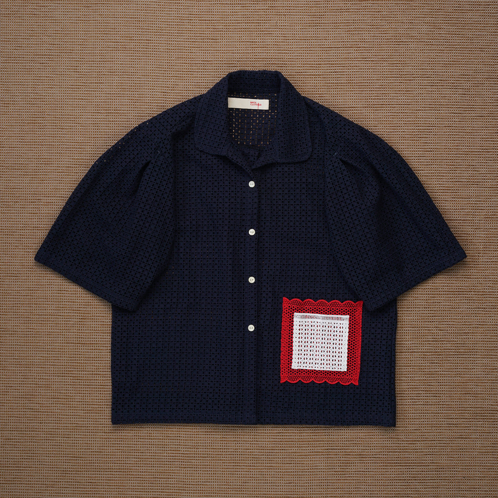 Guaya Blouse Eyelet Mesh Navy - MATA CLOTHiER