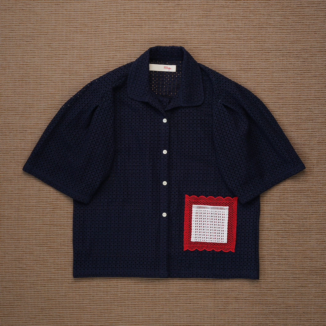 Guaya Blouse Eyelet Mesh Navy - MATA CLOTHiER